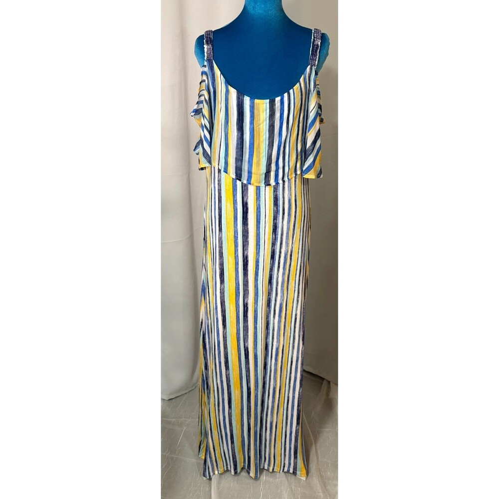Design 365 Maxi Dress XL Golden Yellow Blue Stripe Cold Shoulder Ruffle NWT